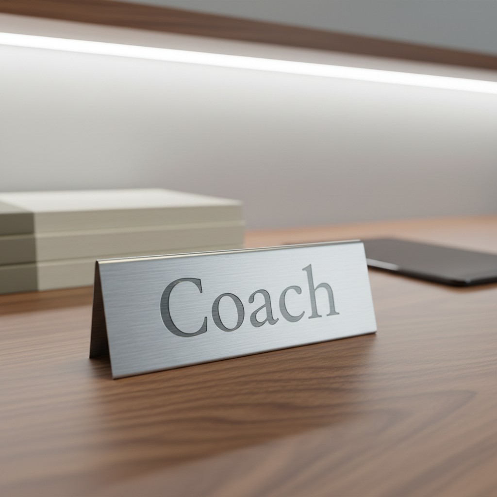A silver "Coach" sign sits on a table, accompanied by a stack of papers and a phone in the background.